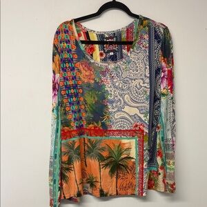 Johnny Was Multicolor Patchwork Long Sleeve Top